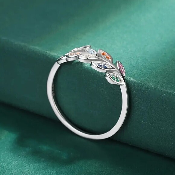 925 Sterling Silver Colorful Zircon Olive Branch Ring - Size 8 - Picture 4 of 6